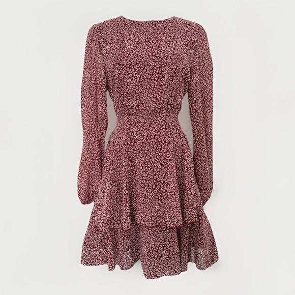Revamped Burgundy Floral Tiered Long Sleeve Mini Dress Womens L Lined Coquette - Picture 3 of 14